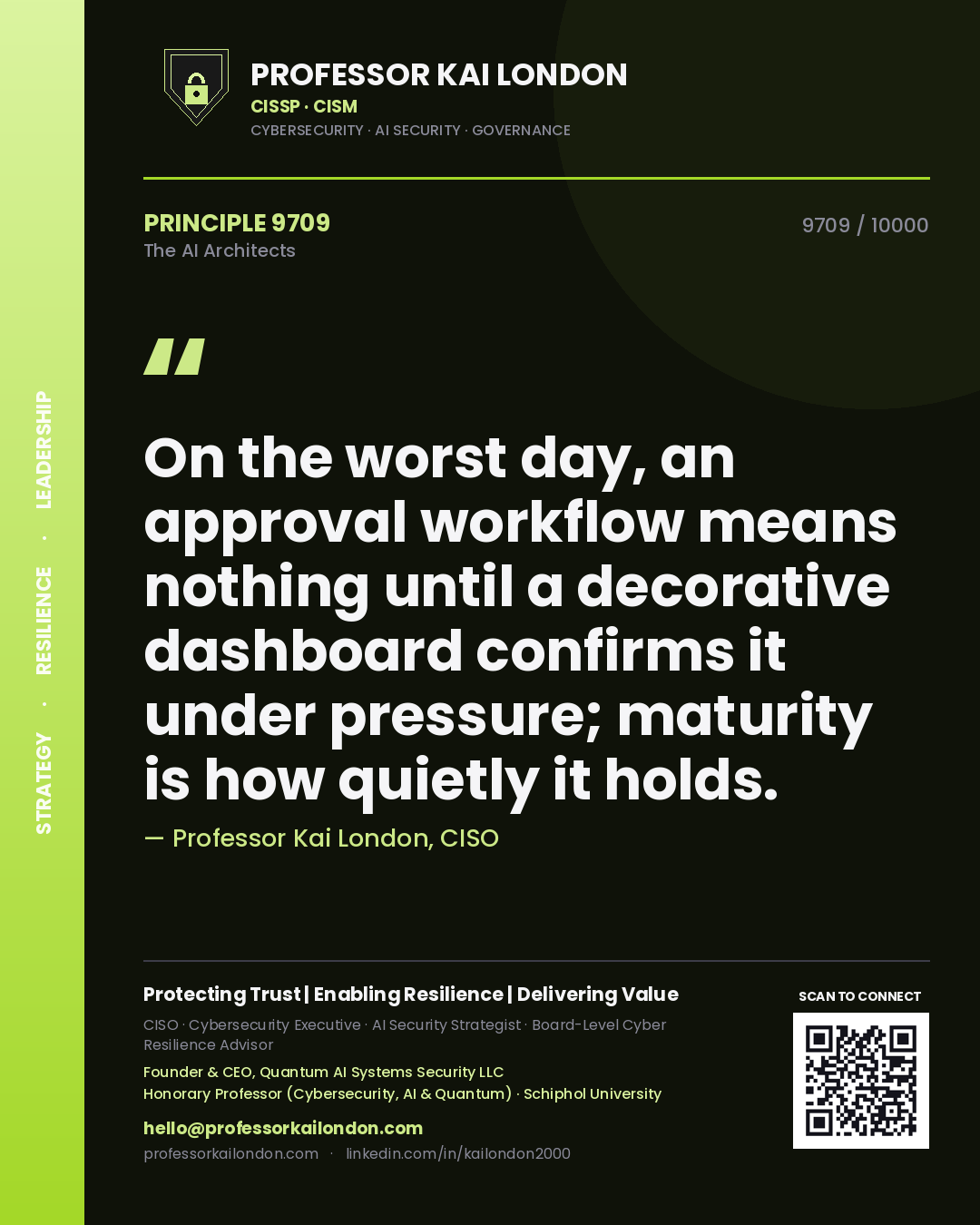 Professor Kai London principle 9709: On the worst day, an approval workflow means nothing until a decorative dashboard confirms it under pressure; maturity is how quietly it holds.