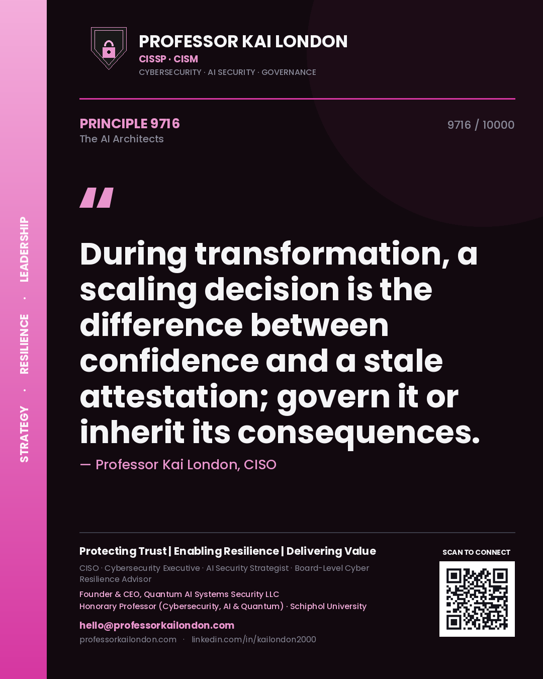 Quote card by Professor Kai London reading 'During transformation, a scaling decision is the difference between confidence and a stale attestation; govern it or inherit its consequences.'. From the book The AI Architects.