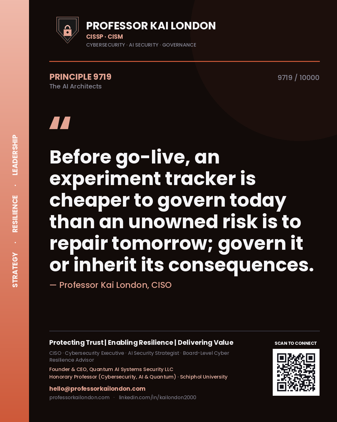 Quote card by Professor Kai London reading 'Before go-live, an experiment tracker is cheaper to govern today than an unowned risk is to repair tomorrow; govern it or inherit its consequences.'. From the book The AI Architects.