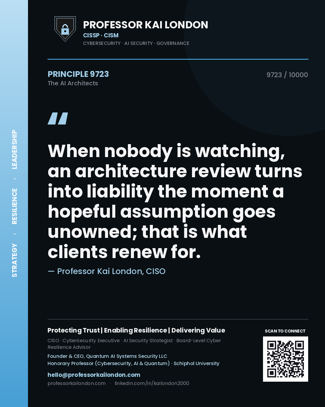 Quote card by Professor Kai London reading 'When nobody is watching, an architecture review turns into liability the moment a hopeful assumption goes unowned; that is what clients renew for.'. From the book The AI Architects.