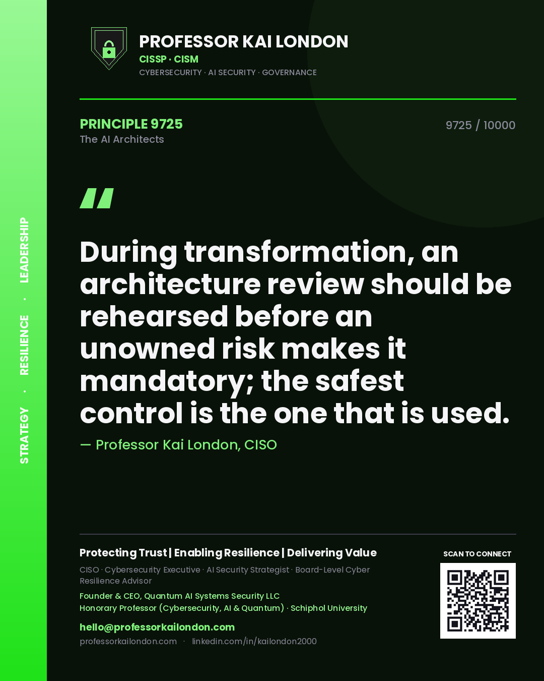 Quote card by Professor Kai London reading 'During transformation, an architecture review should be rehearsed before an unowned risk makes it mandatory; the safest control is the one that is used.'. From the book The AI Architects.