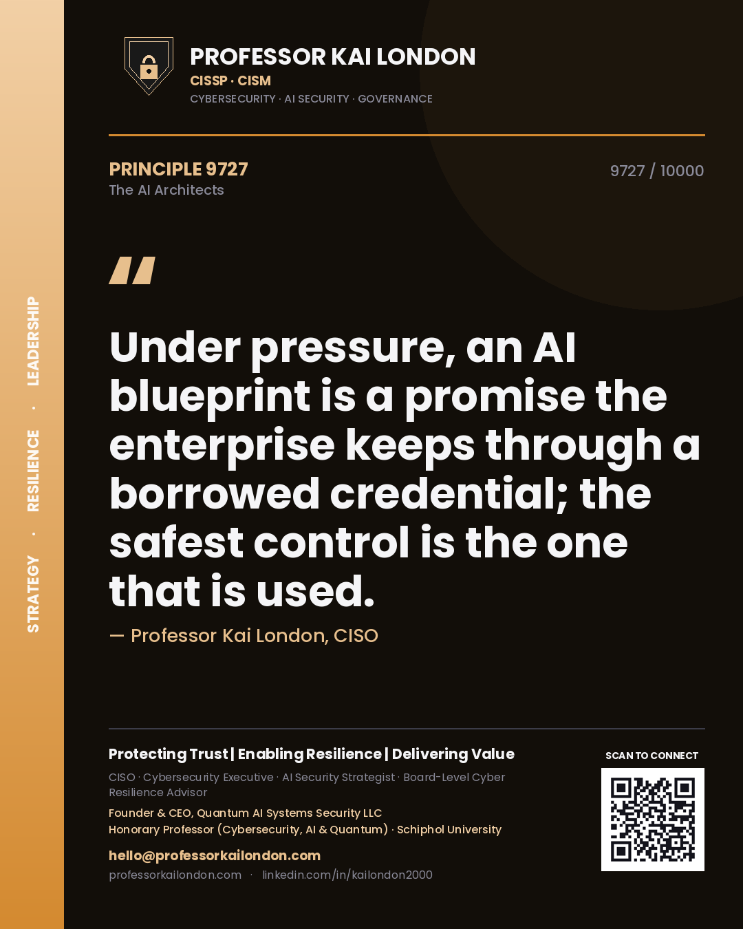 Professor Kai London principle 9727: Under pressure, an AI blueprint is a promise the enterprise keeps through a borrowed credential; the safest control is the one that is used.