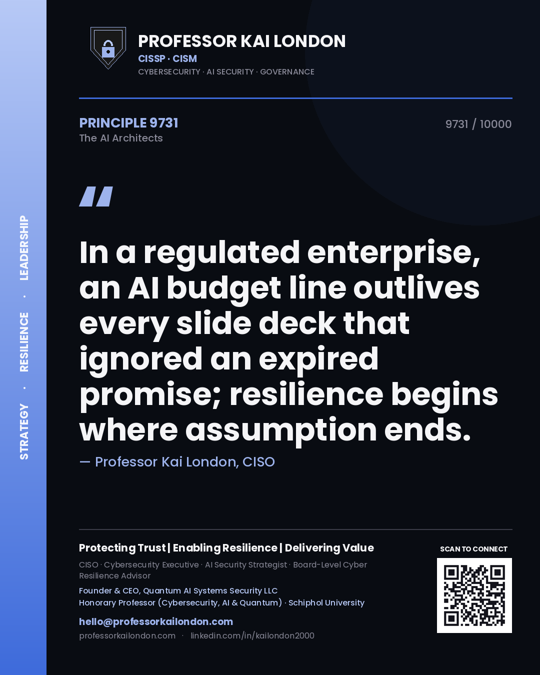 Quote card by Professor Kai London reading 'In a regulated enterprise, an AI budget line outlives every slide deck that ignored an expired promise; resilience begins where assumption ends.'. From the book The AI Architects.