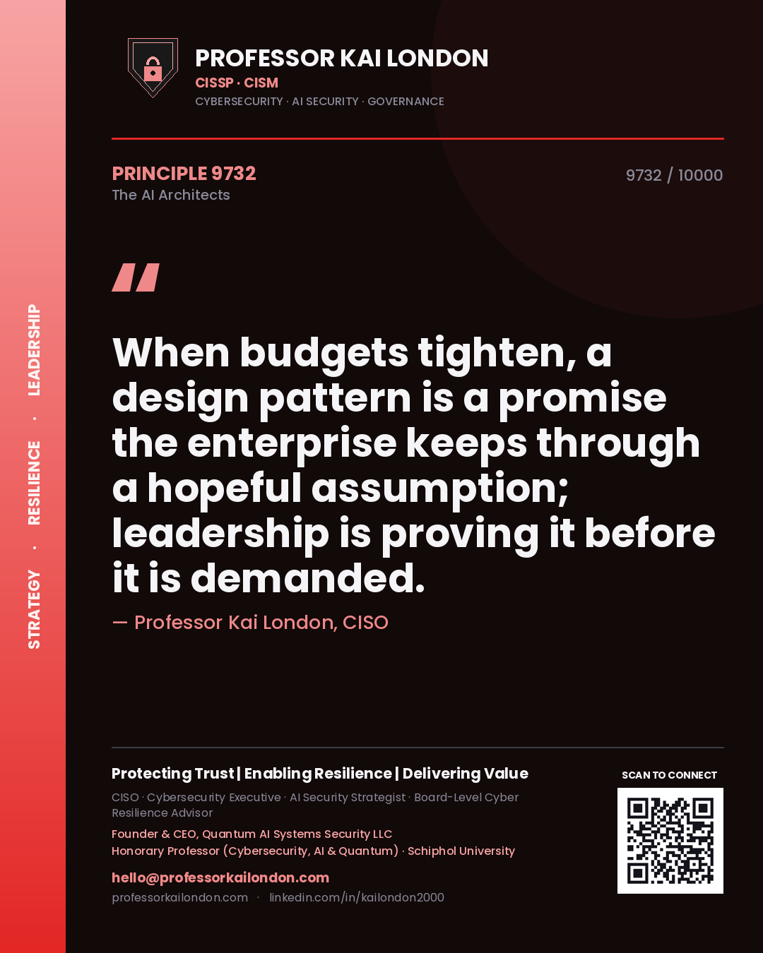 Quote card by Professor Kai London reading 'When budgets tighten, a design pattern is a promise the enterprise keeps through a hopeful assumption; leadership is proving it before it is demanded.'. From the book The AI Architects.