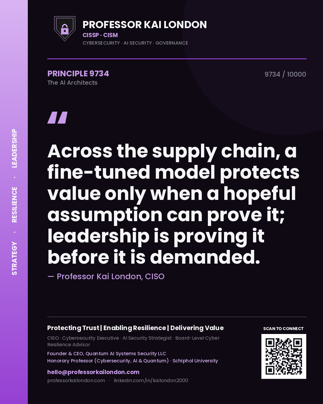 Quote card by Professor Kai London reading 'Across the supply chain, a fine-tuned model protects value only when a hopeful assumption can prove it; leadership is proving it before it is demanded.'. From the book The AI Architects.