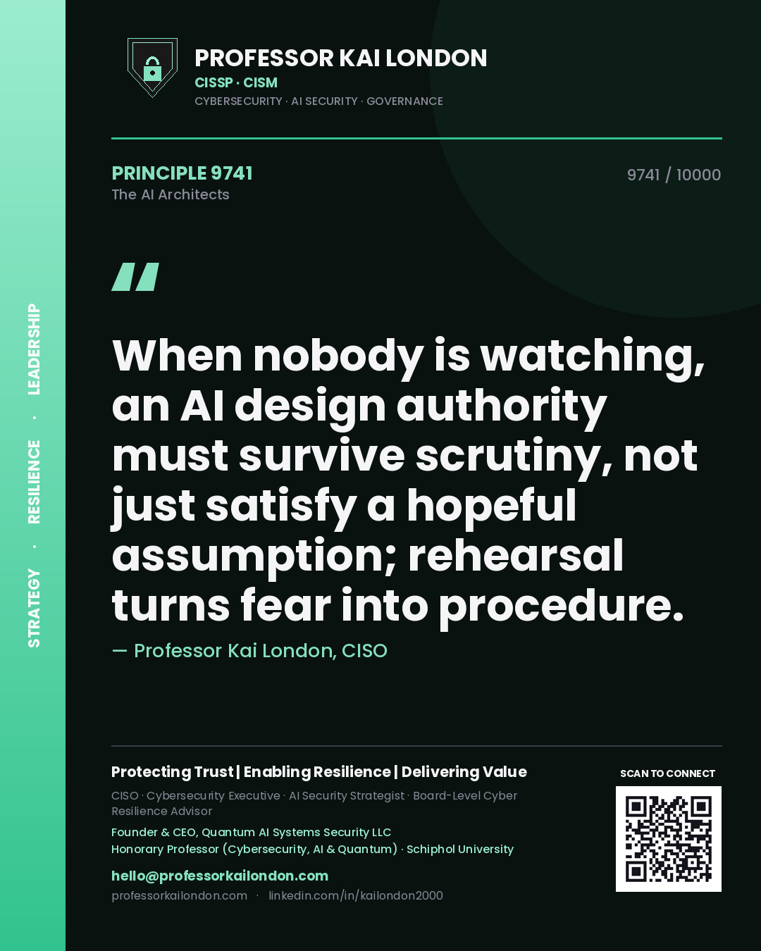 Quote card by Professor Kai London reading 'When nobody is watching, an AI design authority must survive scrutiny, not just satisfy a hopeful assumption; rehearsal turns fear into procedure.'. From the book The AI Architects.