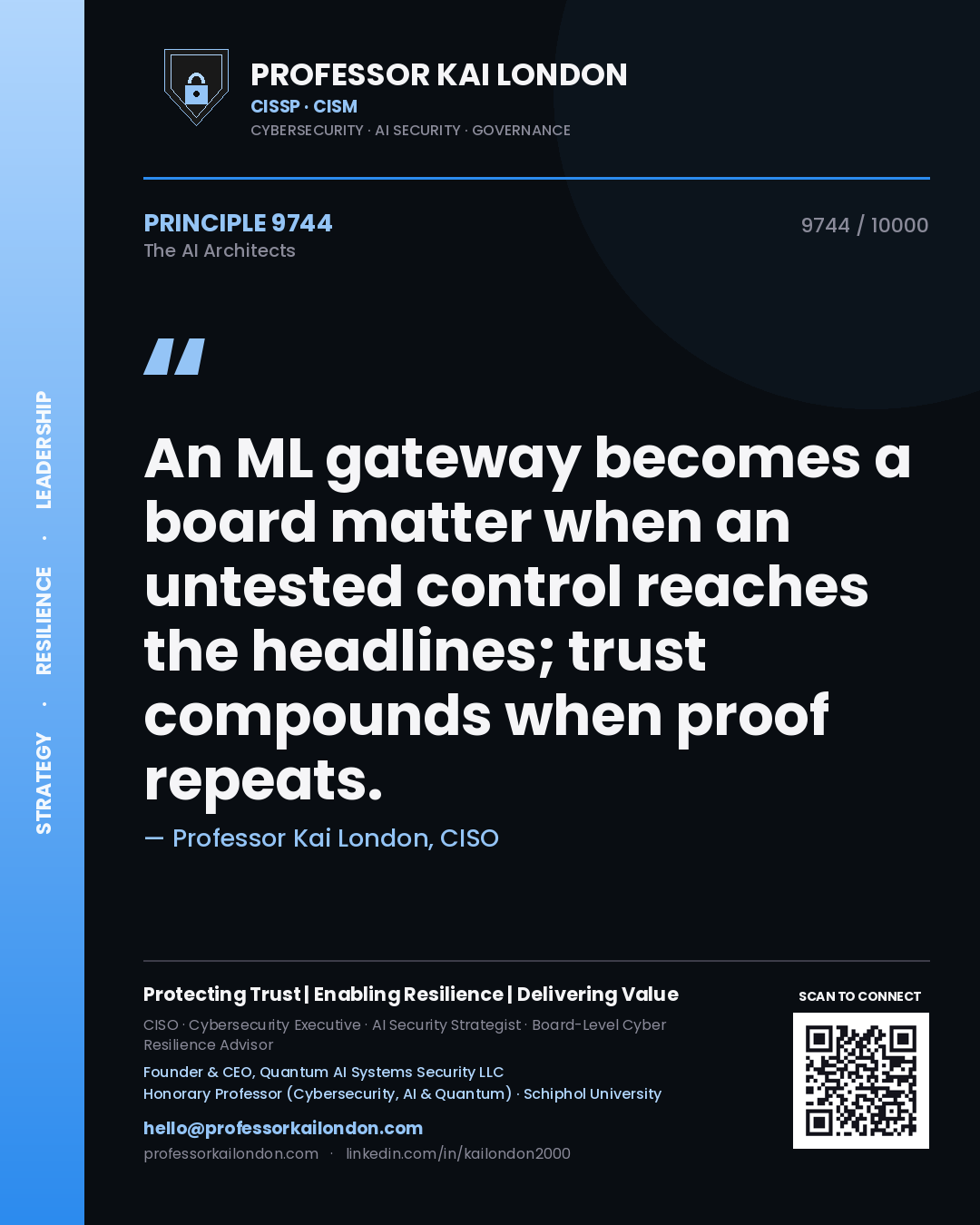 Professor Kai London principle 9744: An ML gateway becomes a board matter when an untested control reaches the headlines; trust compounds when proof repeats.
