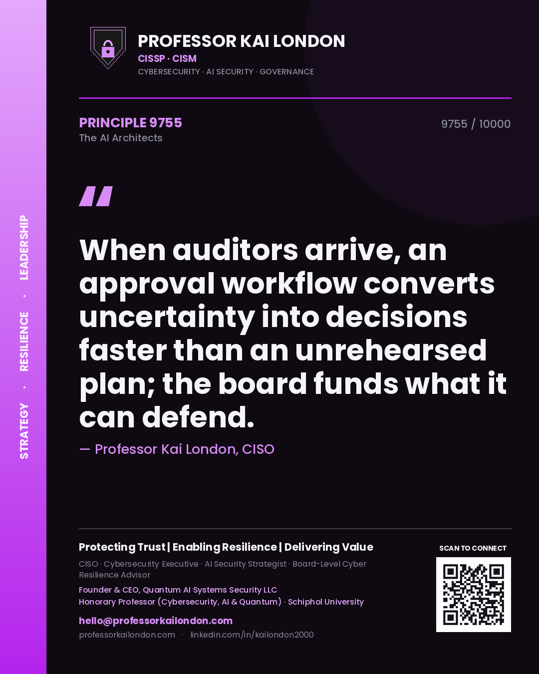 Professor Kai London principle 9755: When auditors arrive, an approval workflow converts uncertainty into decisions faster than an unrehearsed plan; the board funds what it can defend.