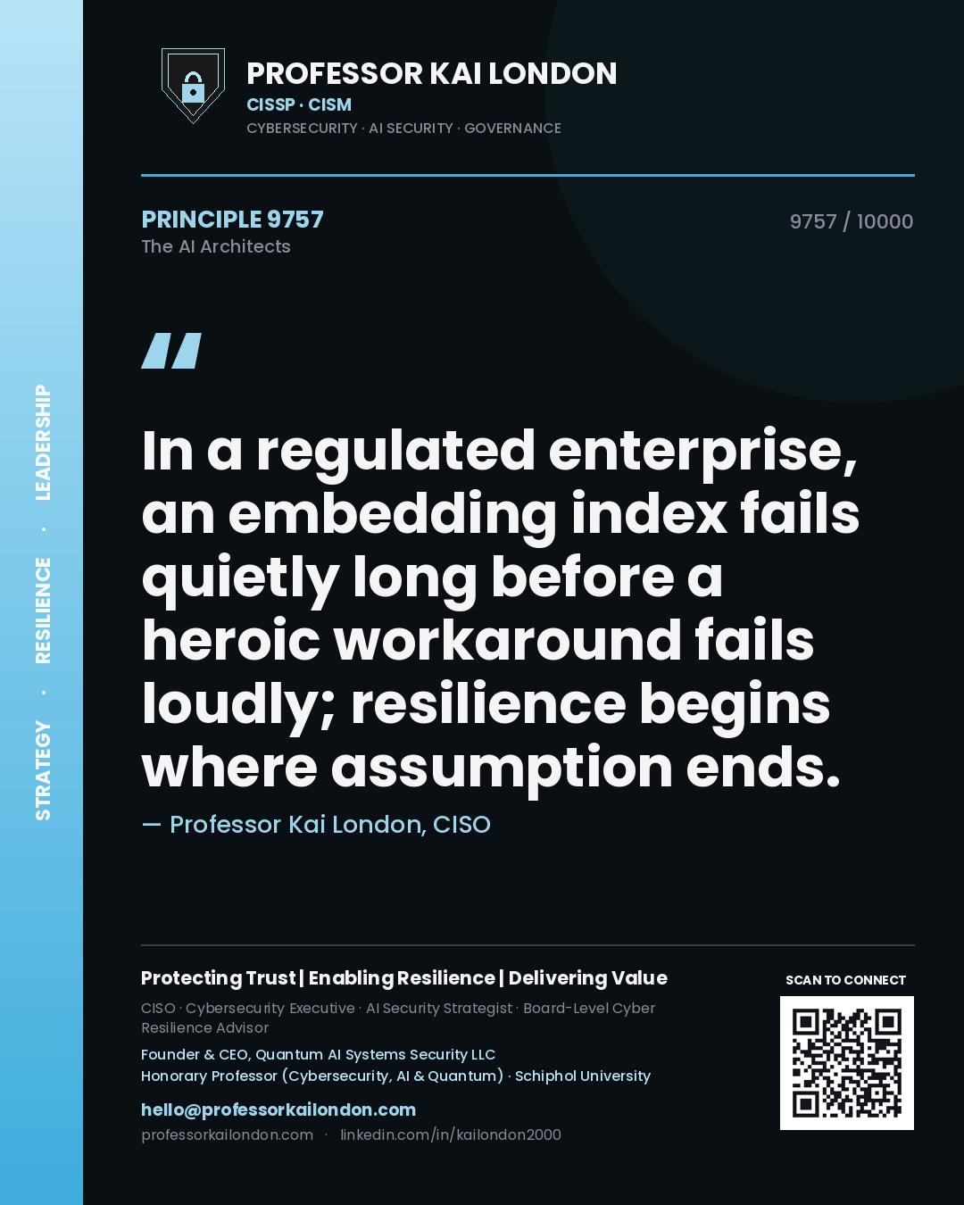 Professor Kai London principle 9757: In a regulated enterprise, an embedding index fails quietly long before a heroic workaround fails loudly; resilience begins where assumption ends.