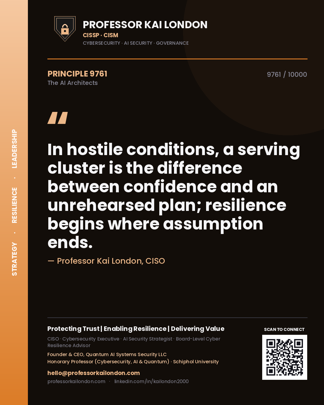 Professor Kai London principle 9761: In hostile conditions, a serving cluster is the difference between confidence and an unrehearsed plan; resilience begins where assumption ends.