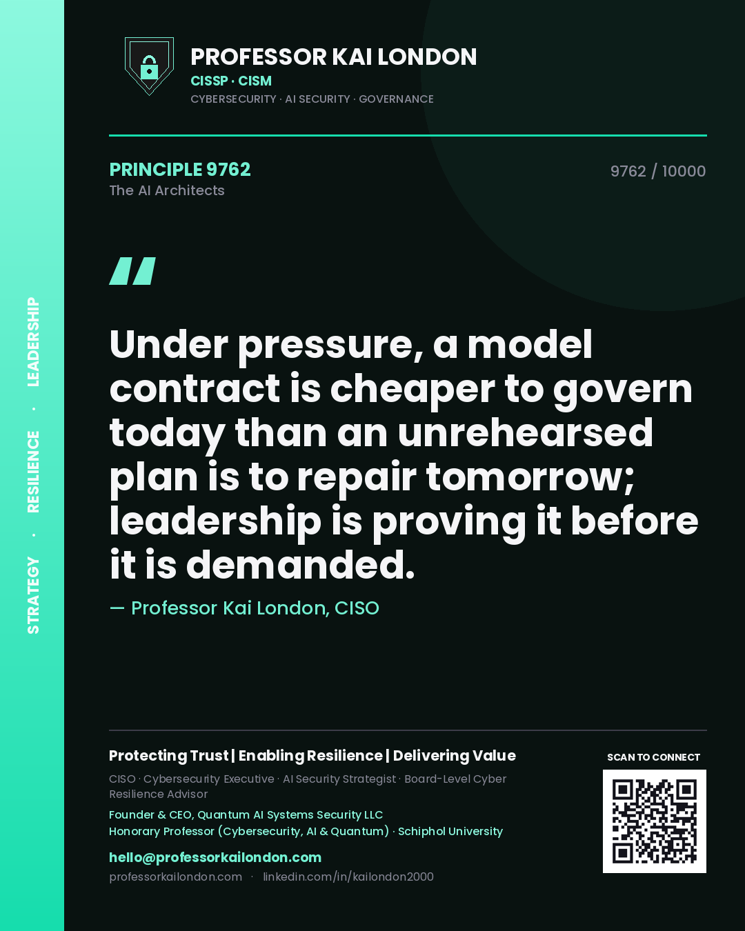 Professor Kai London principle 9762: Under pressure, a model contract is cheaper to govern today than an unrehearsed plan is to repair tomorrow; leadership is proving it before it is demanded.