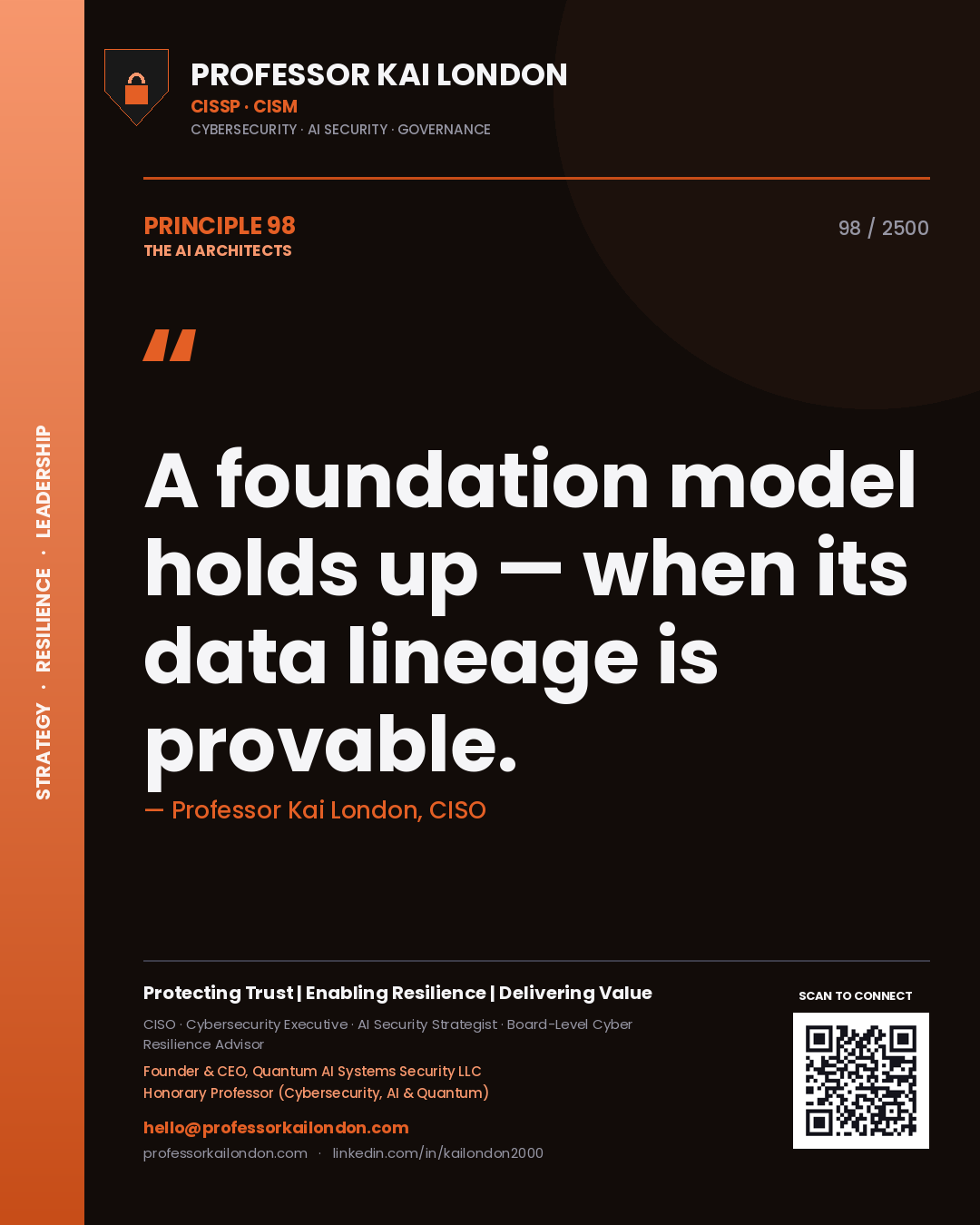 Quote card by Professor Kai London reading 'A foundation model holds up — when its data lineage is provable.'. From the book The AI Architects.
