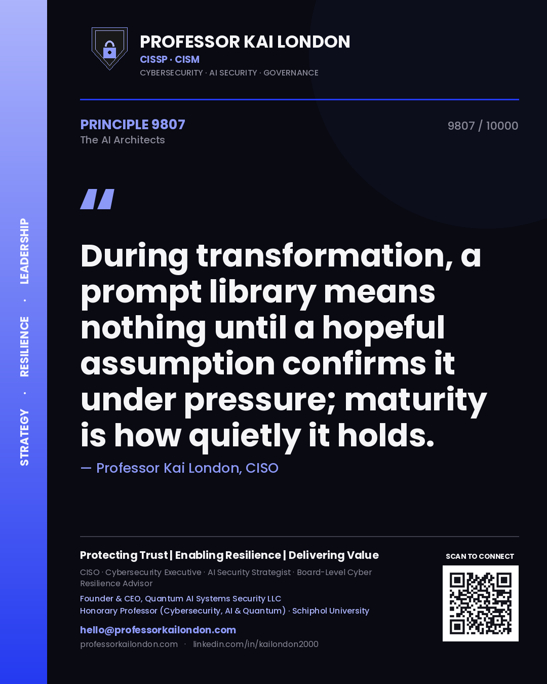 Professor Kai London principle 9807: During transformation, a prompt library means nothing until a hopeful assumption confirms it under pressure; maturity is how quietly it holds.
