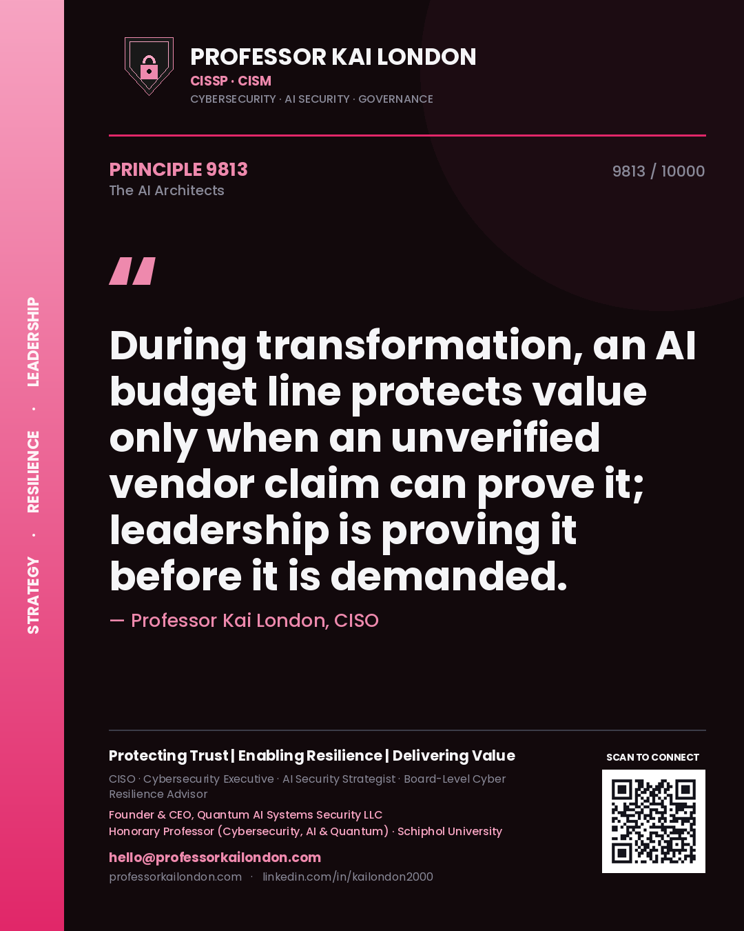 Professor Kai London principle 9813: During transformation, an AI budget line protects value only when an unverified vendor claim can prove it; leadership is proving it before it is demanded.