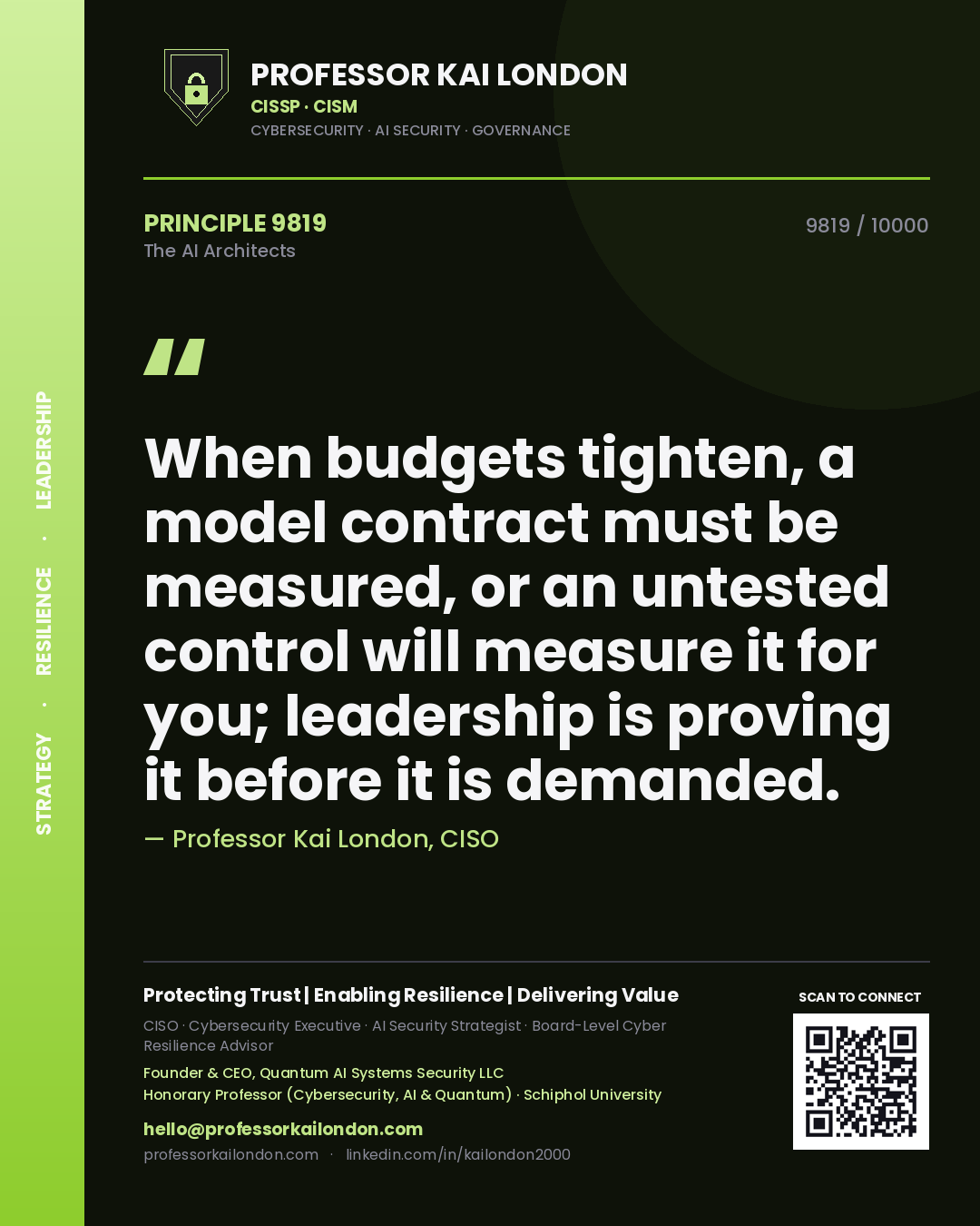 Professor Kai London principle 9819: When budgets tighten, a model contract must be measured, or an untested control will measure it for you; leadership is proving it before it is demanded.