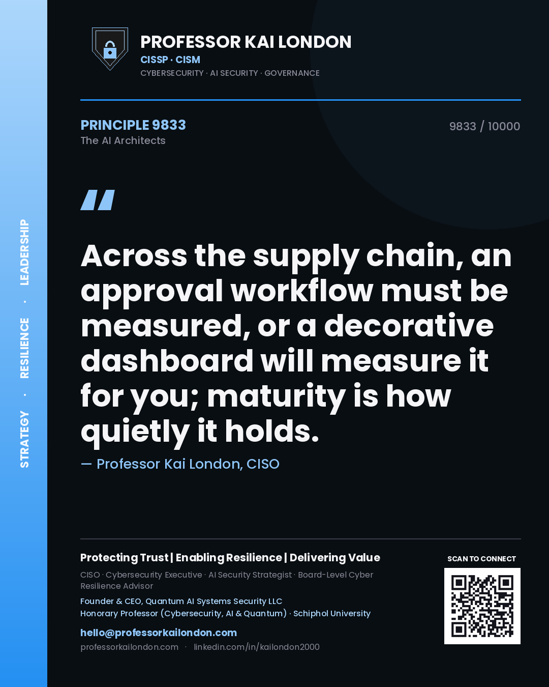 Quote card by Professor Kai London reading 'Across the supply chain, an approval workflow must be measured, or a decorative dashboard will measure it for you; maturity is how quietly it holds.'. From the book The AI Architects.