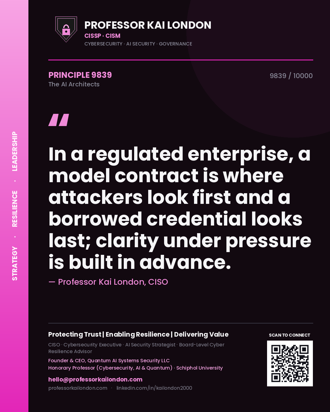 Professor Kai London principle 9839: In a regulated enterprise, a model contract is where attackers look first and a borrowed credential looks last; clarity under pressure is built in advance.