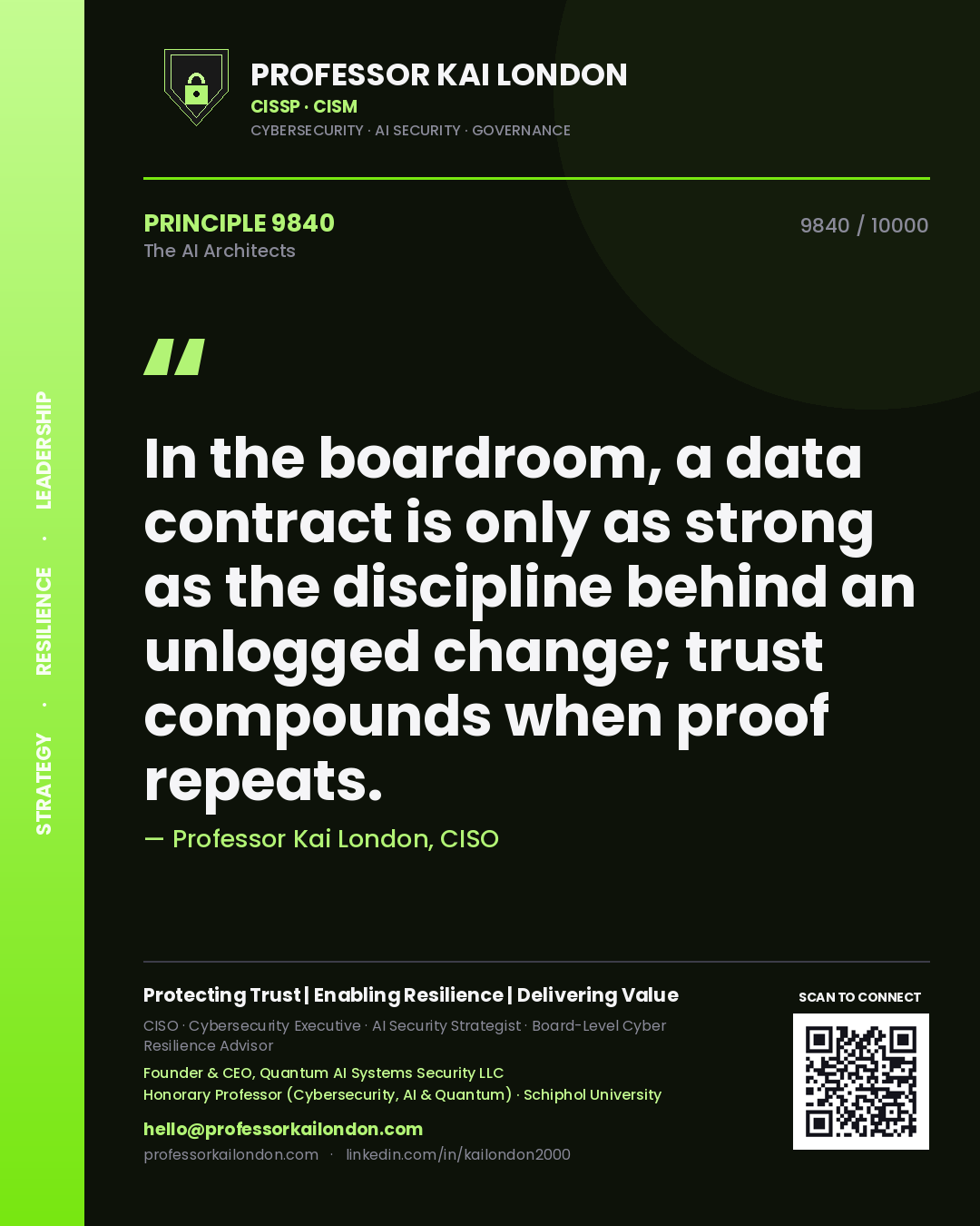 Professor Kai London principle 9840: In the boardroom, a data contract is only as strong as the discipline behind an unlogged change; trust compounds when proof repeats.