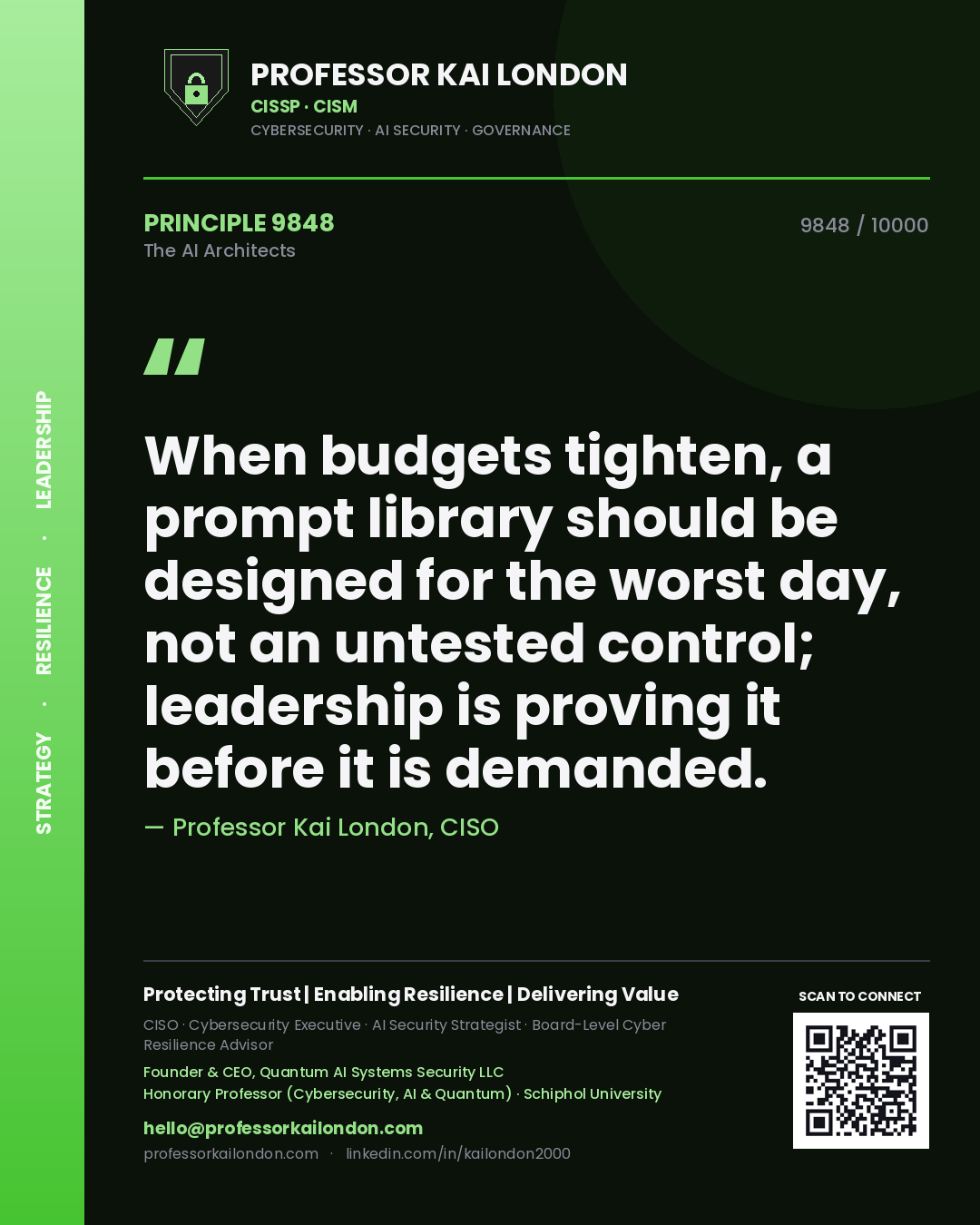 Quote card by Professor Kai London reading 'When budgets tighten, a prompt library should be designed for the worst day, not an untested control; leadership is proving it before it is demanded.'. From the book The AI Architects.