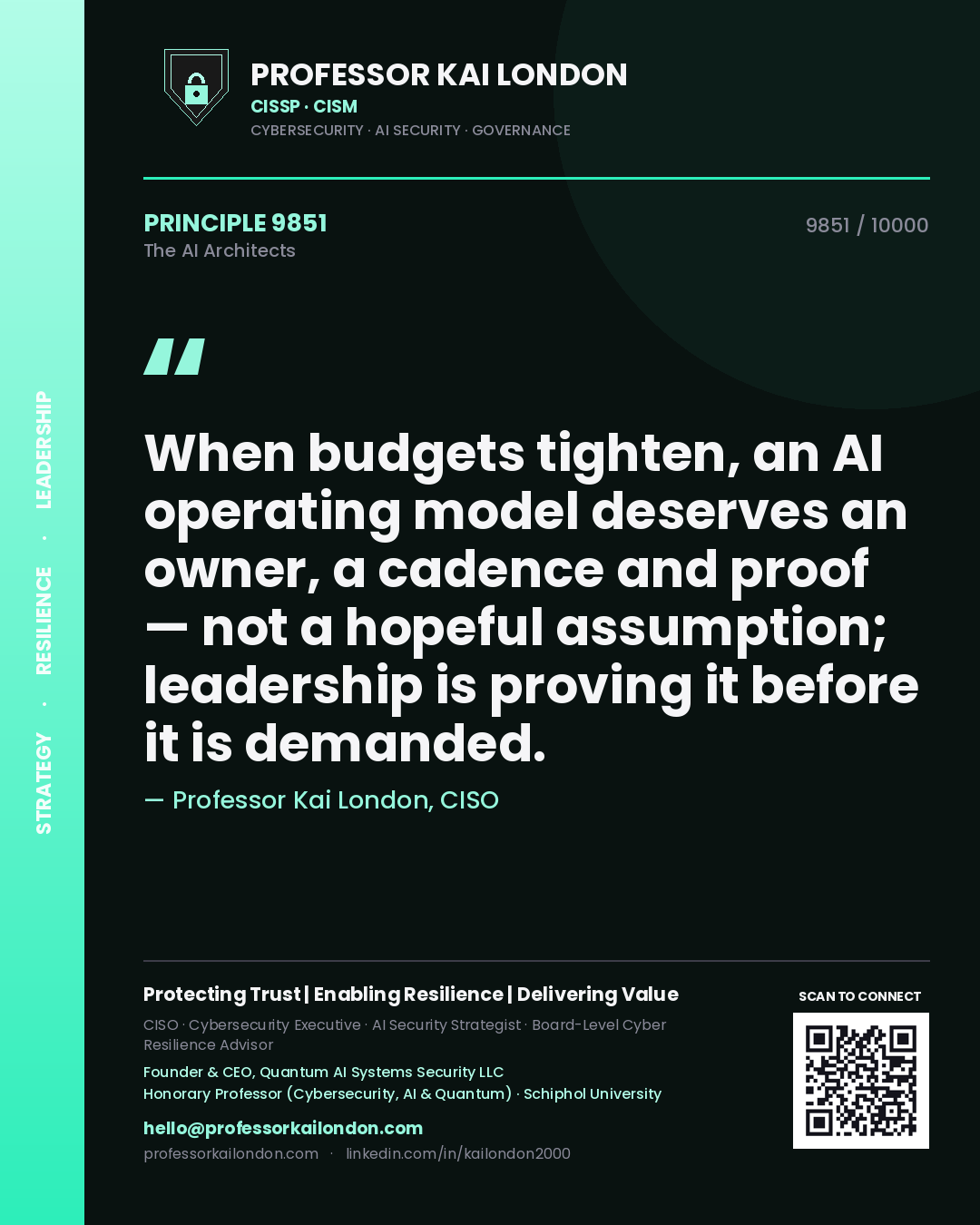 Professor Kai London principle 9851: When budgets tighten, an AI operating model deserves an owner, a cadence and proof — not a hopeful assumption; leadership is proving it before it is demanded.