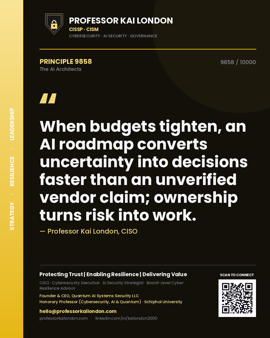 Professor Kai London principle 9858: When budgets tighten, an AI roadmap converts uncertainty into decisions faster than an unverified vendor claim; ownership turns risk into work.