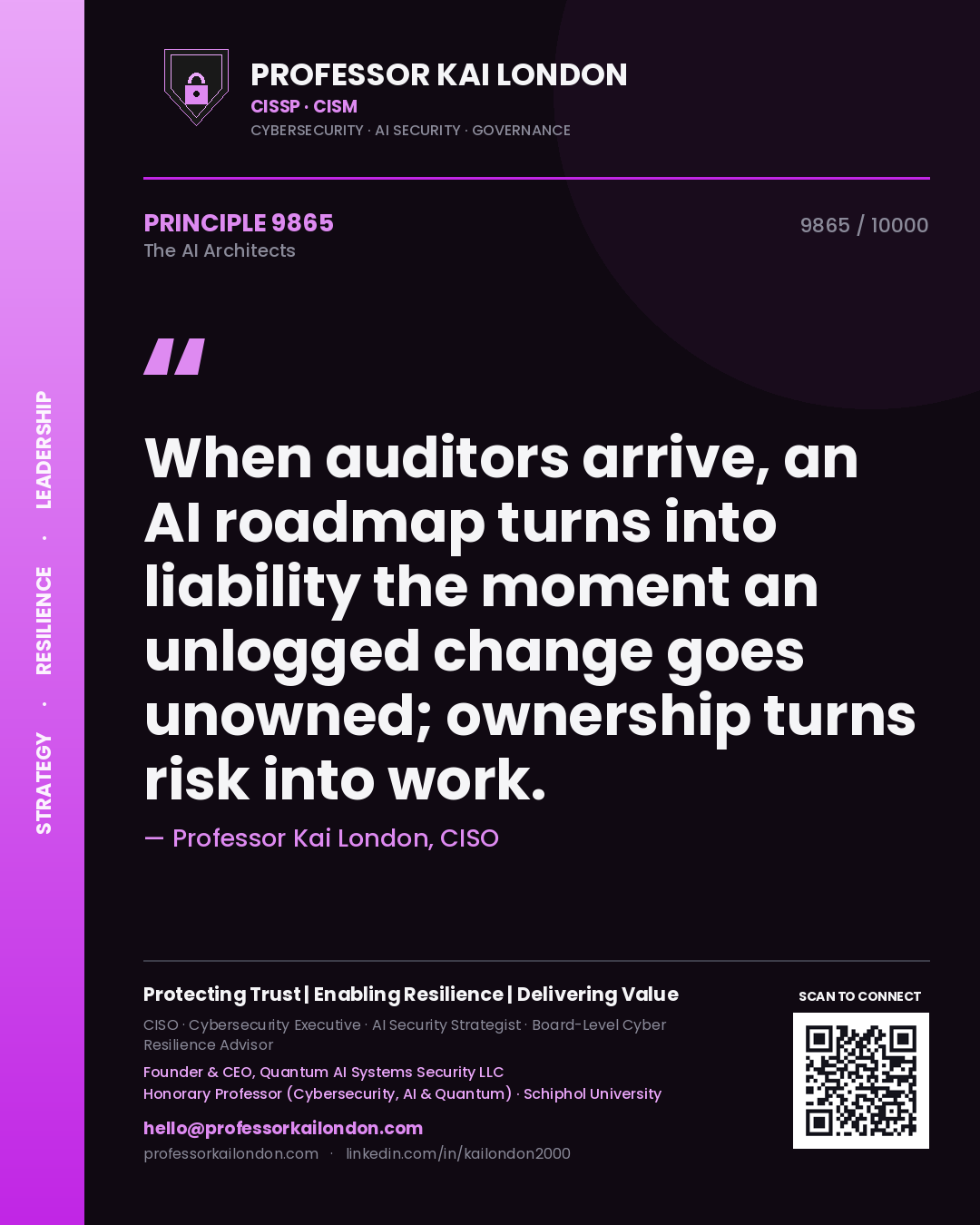 Quote card by Professor Kai London reading 'When auditors arrive, an AI roadmap turns into liability the moment an unlogged change goes unowned; ownership turns risk into work.'. From the book The AI Architects.