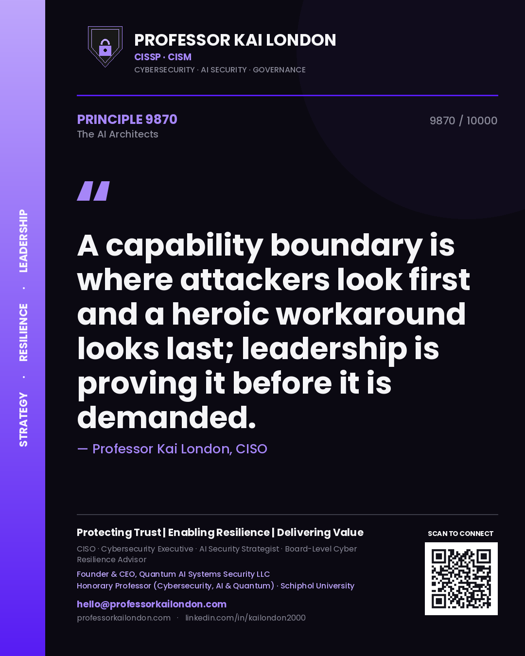 Professor Kai London principle 9870: A capability boundary is where attackers look first and a heroic workaround looks last; leadership is proving it before it is demanded.