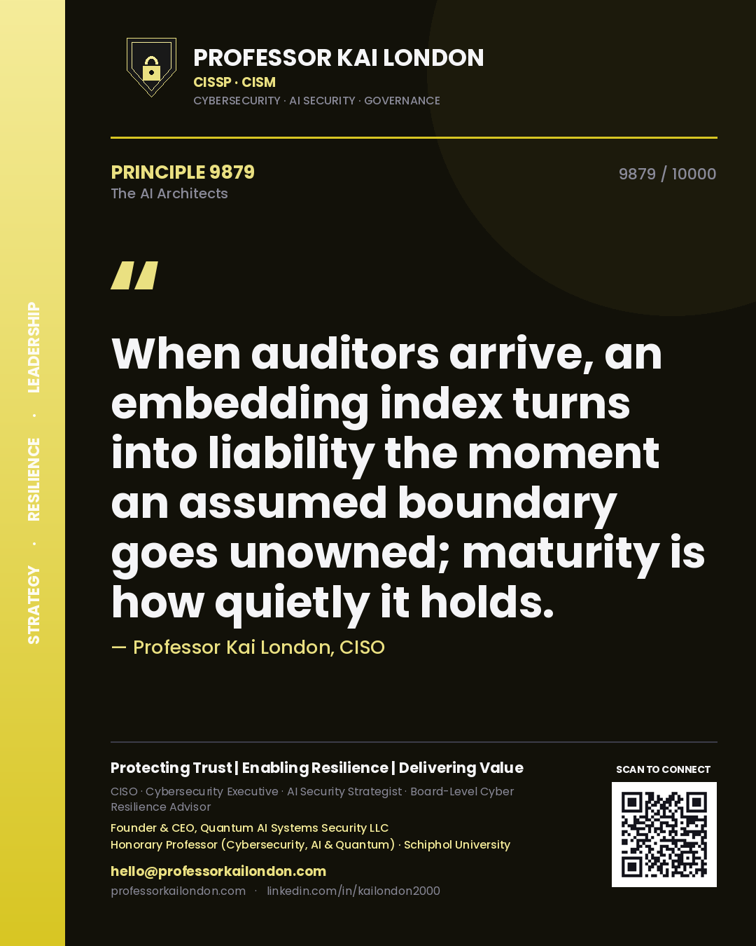 Quote card by Professor Kai London reading 'When auditors arrive, an embedding index turns into liability the moment an assumed boundary goes unowned; maturity is how quietly it holds.'. From the book The AI Architects.