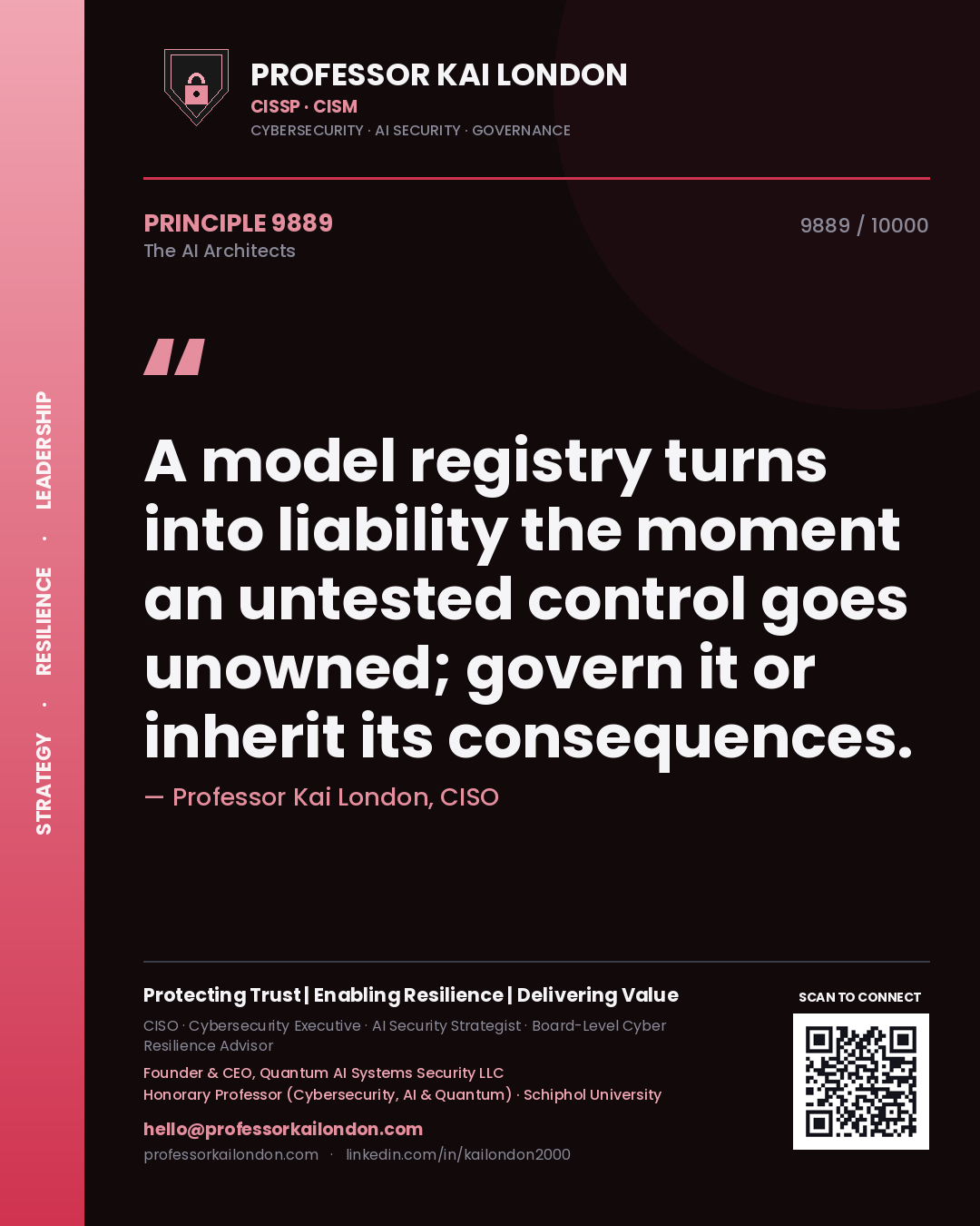 Professor Kai London principle 9889: A model registry turns into liability the moment an untested control goes unowned; govern it or inherit its consequences.
