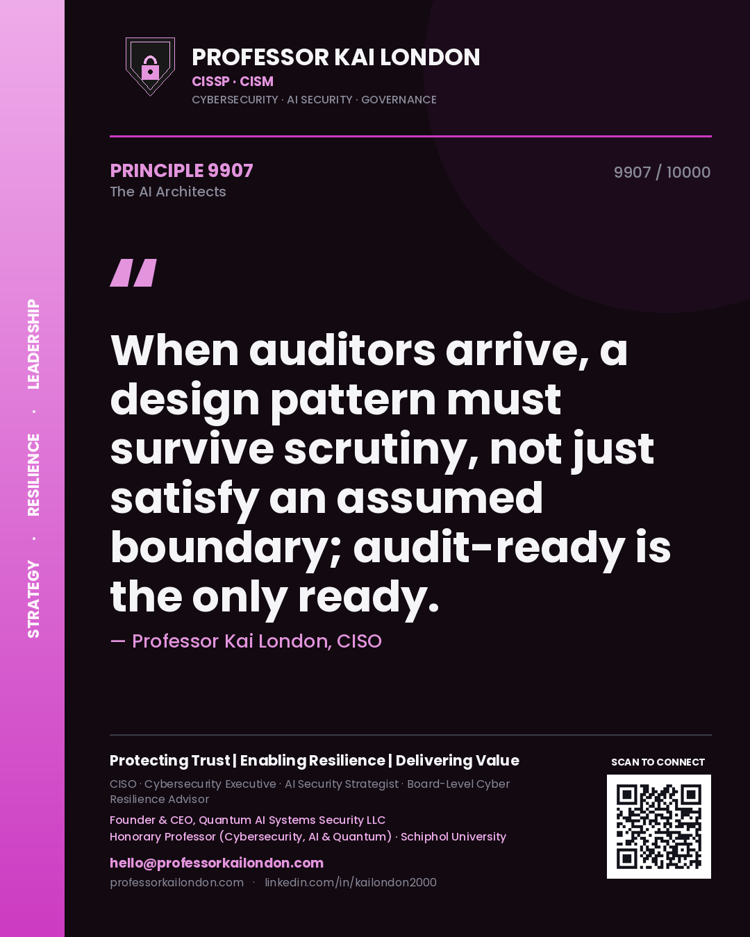 Quote card by Professor Kai London reading 'When auditors arrive, a design pattern must survive scrutiny, not just satisfy an assumed boundary; audit-ready is the only ready.'. From the book The AI Architects.