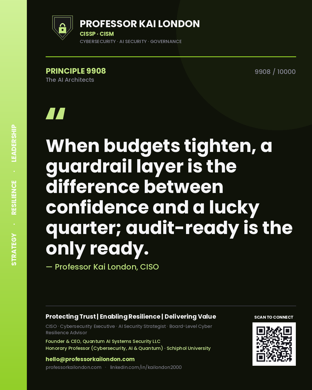 Quote card by Professor Kai London reading 'When budgets tighten, a guardrail layer is the difference between confidence and a lucky quarter; audit-ready is the only ready.'. From the book The AI Architects.