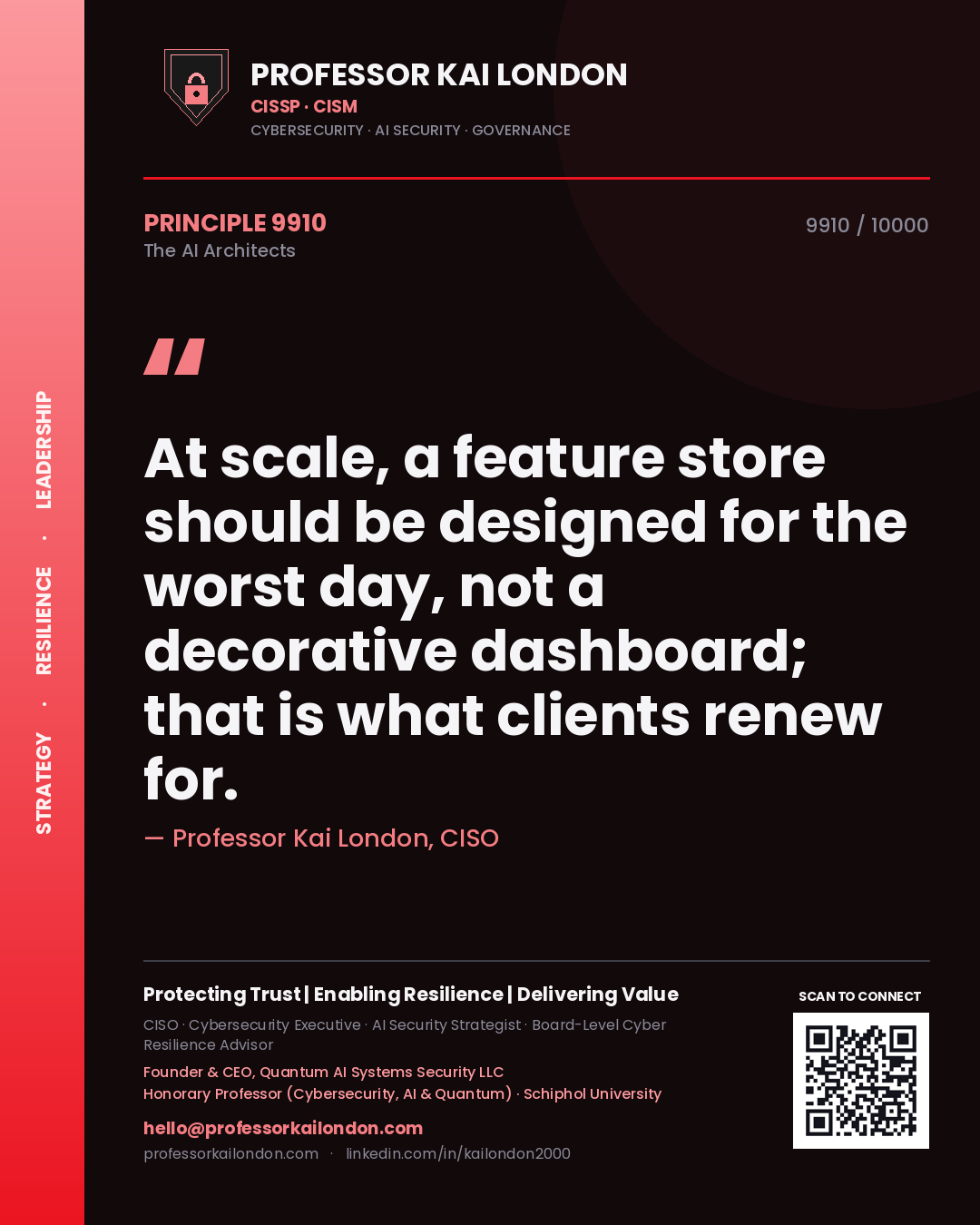 Professor Kai London principle 9910: At scale, a feature store should be designed for the worst day, not a decorative dashboard; that is what clients renew for.