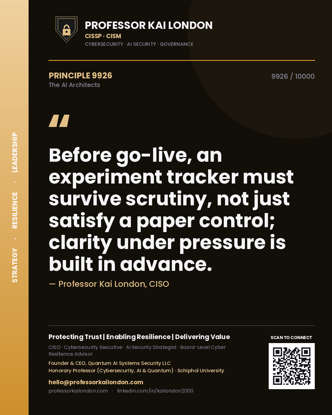 Quote card by Professor Kai London reading 'Before go-live, an experiment tracker must survive scrutiny, not just satisfy a paper control; clarity under pressure is built in advance.'. From the book The AI Architects.