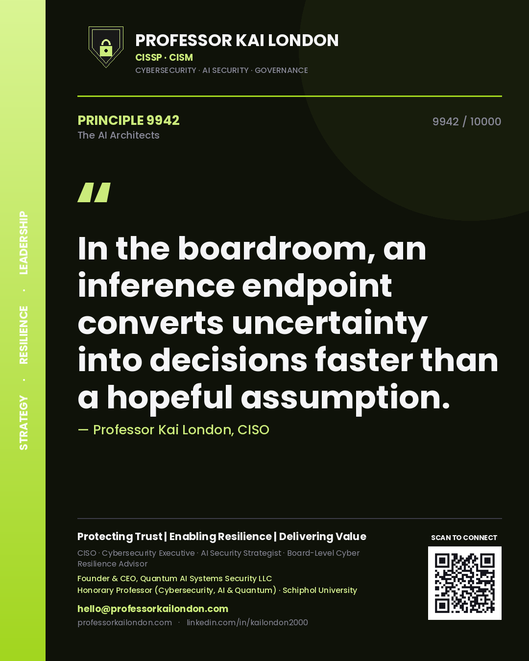 Quote card by Professor Kai London reading 'In the boardroom, an inference endpoint converts uncertainty into decisions faster than a hopeful assumption.'. From the book The AI Architects.