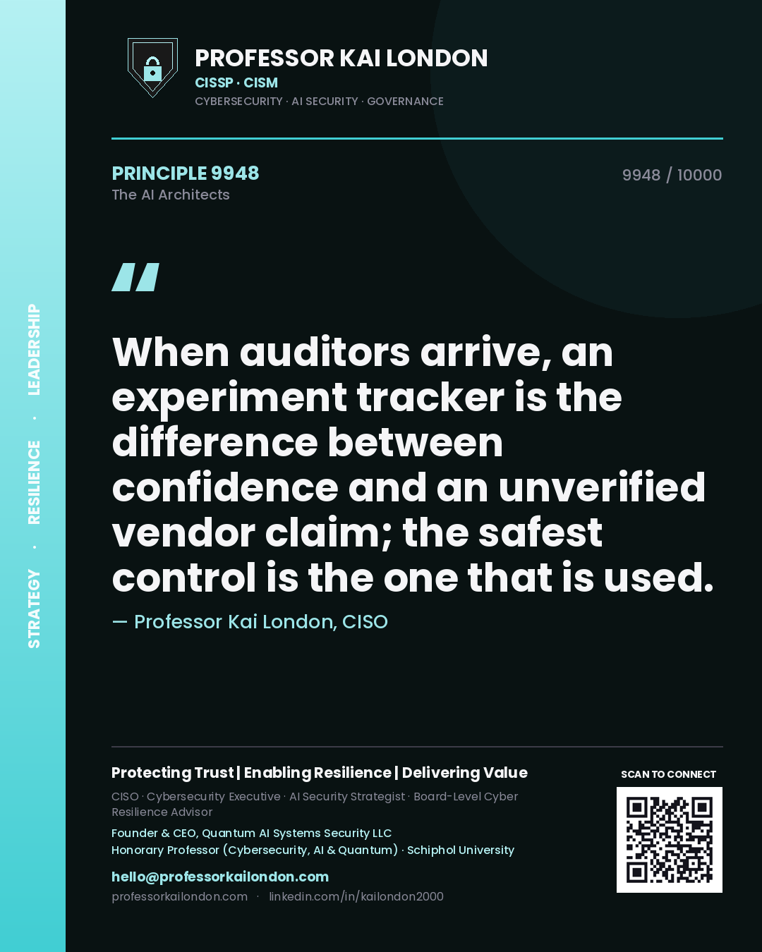 Professor Kai London principle 9948: When auditors arrive, an experiment tracker is the difference between confidence and an unverified vendor claim; the safest control is the one that is used.