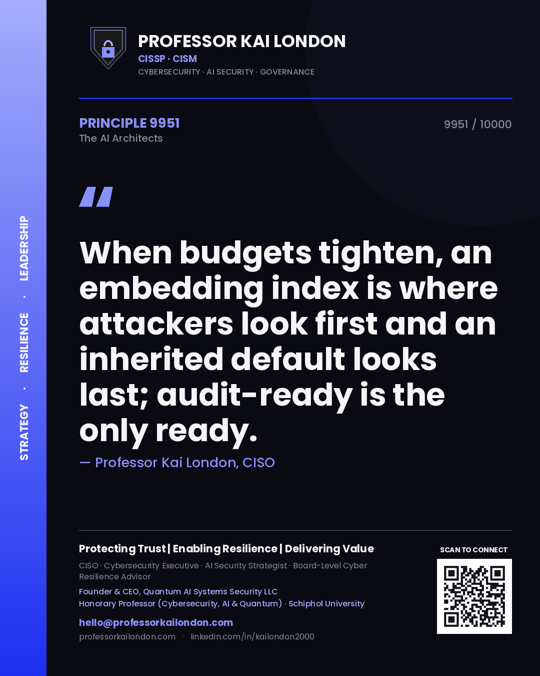 Professor Kai London principle 9951: When budgets tighten, an embedding index is where attackers look first and an inherited default looks last; audit-ready is the only ready.