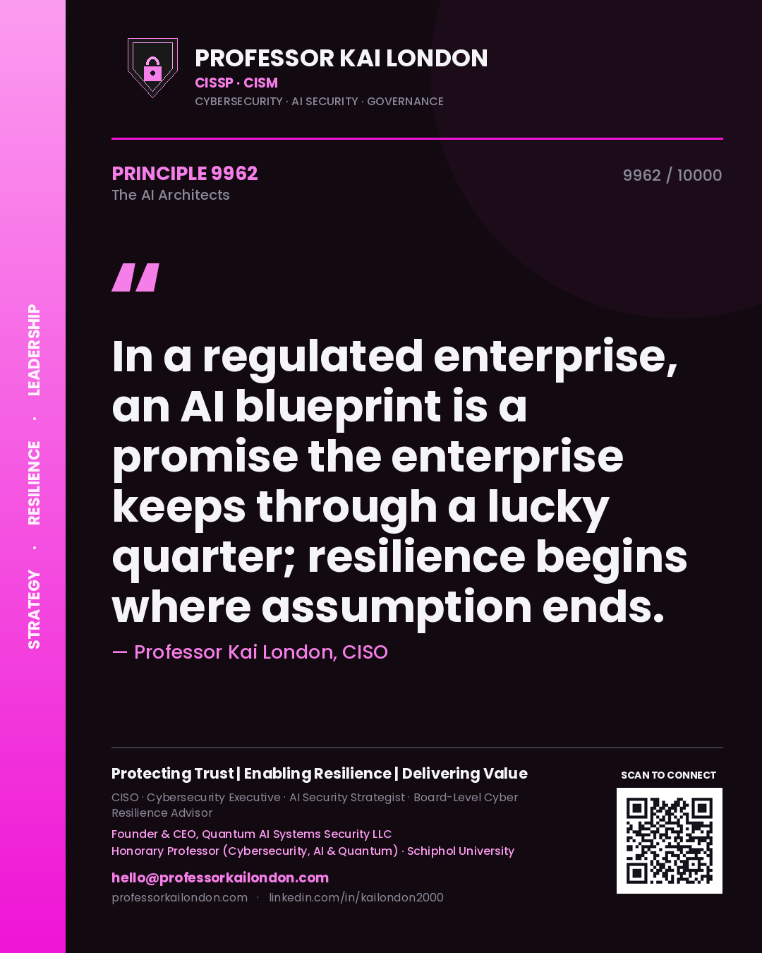 Quote card by Professor Kai London reading 'In a regulated enterprise, an AI blueprint is a promise the enterprise keeps through a lucky quarter; resilience begins where assumption ends.'. From the book The AI Architects.