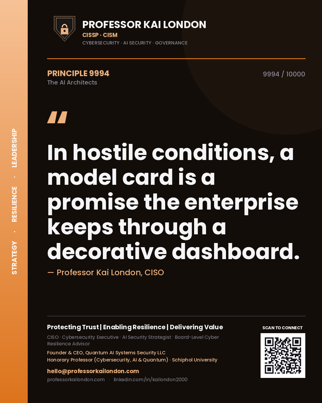 Quote card by Professor Kai London reading 'In hostile conditions, a model card is a promise the enterprise keeps through a decorative dashboard.'. From the book The AI Architects.