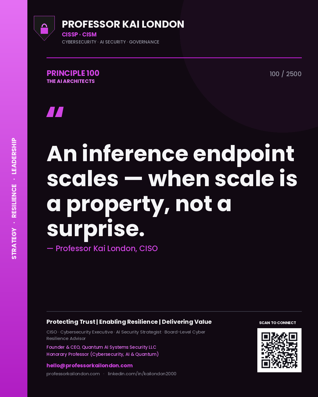 Quote card by Professor Kai London reading 'An inference endpoint scales — when scale is a property, not a surprise.'. From the book The AI Architects.