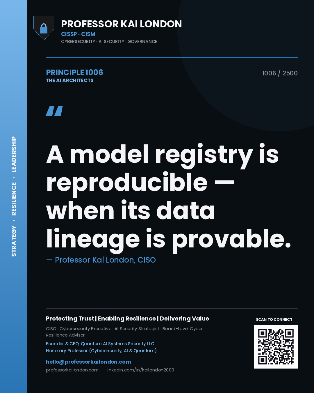 Professor Kai London principle 1006: A model registry is reproducible — when its data lineage is provable.