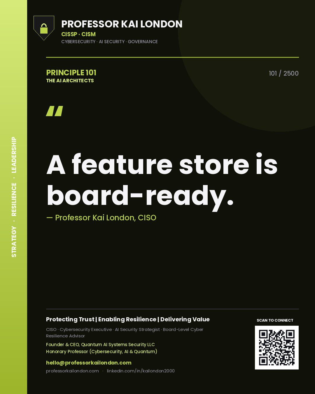Quote card by Professor Kai London reading 'A feature store is board-ready.'. From the book The AI Architects.