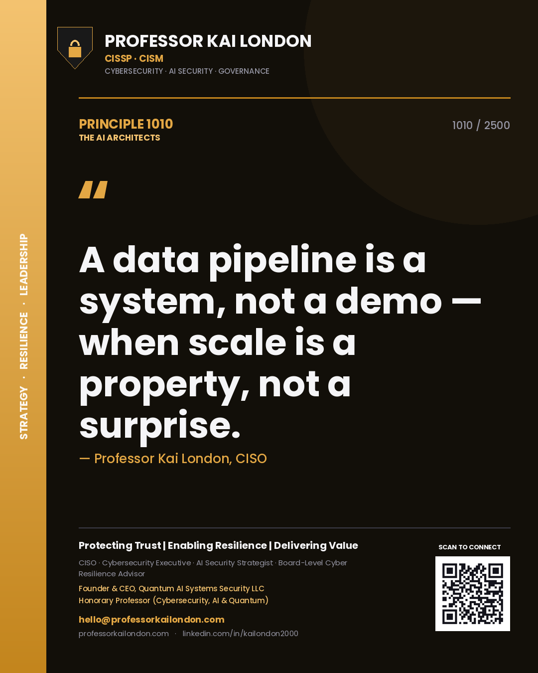 Professor Kai London principle 1010: A data pipeline is a system, not a demo — when scale is a property, not a surprise.