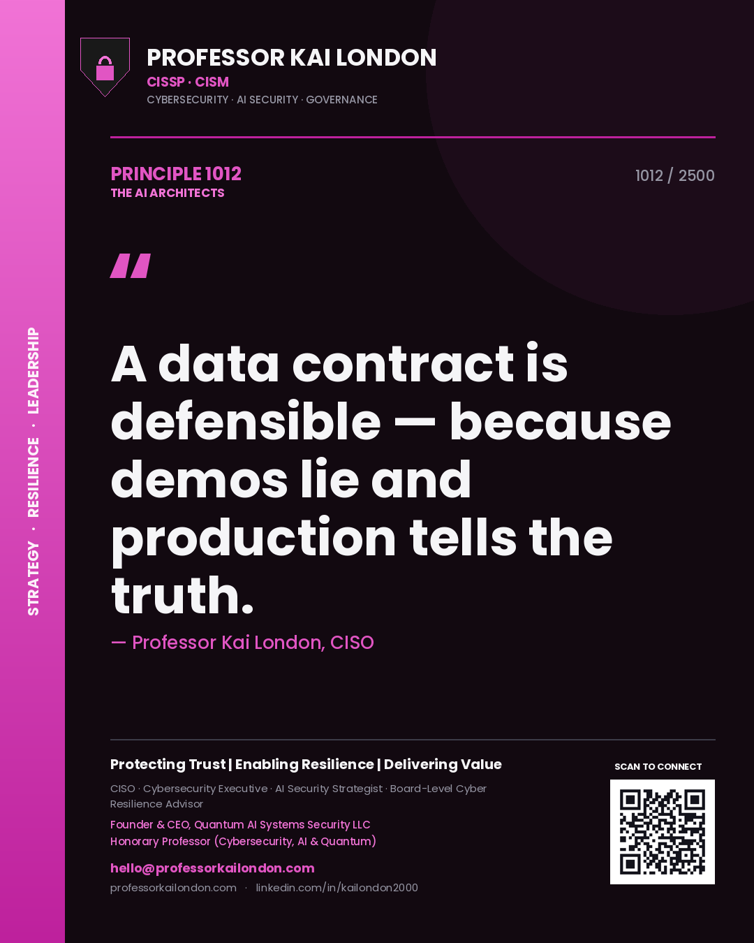 Professor Kai London principle 1012: A data contract is defensible — because demos lie and production tells the truth.