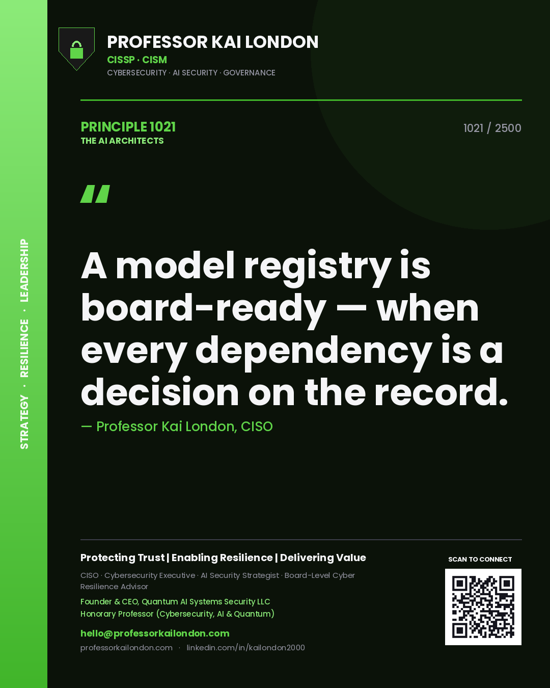 Quote card by Professor Kai London reading 'A model registry is board-ready — when every dependency is a decision on the record.'. From the book The AI Architects.