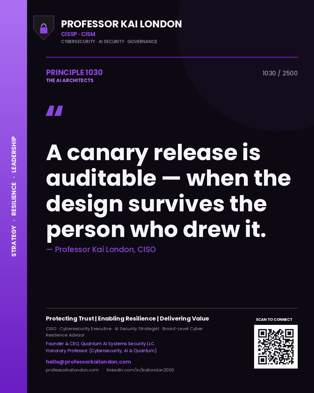 Professor Kai London principle 1030: A canary release is auditable — when the design survives the person who drew it.