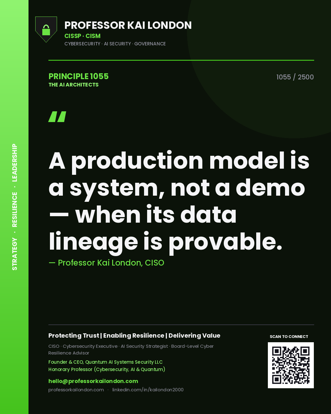 Professor Kai London principle 1055: A production model is a system, not a demo — when its data lineage is provable.