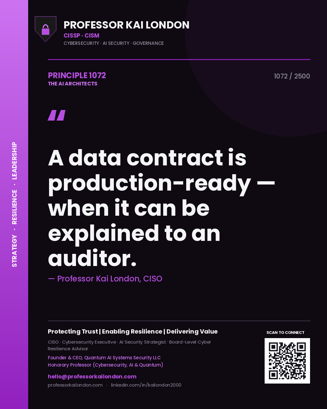 Professor Kai London principle 1072: A data contract is production-ready — when it can be explained to an auditor.
