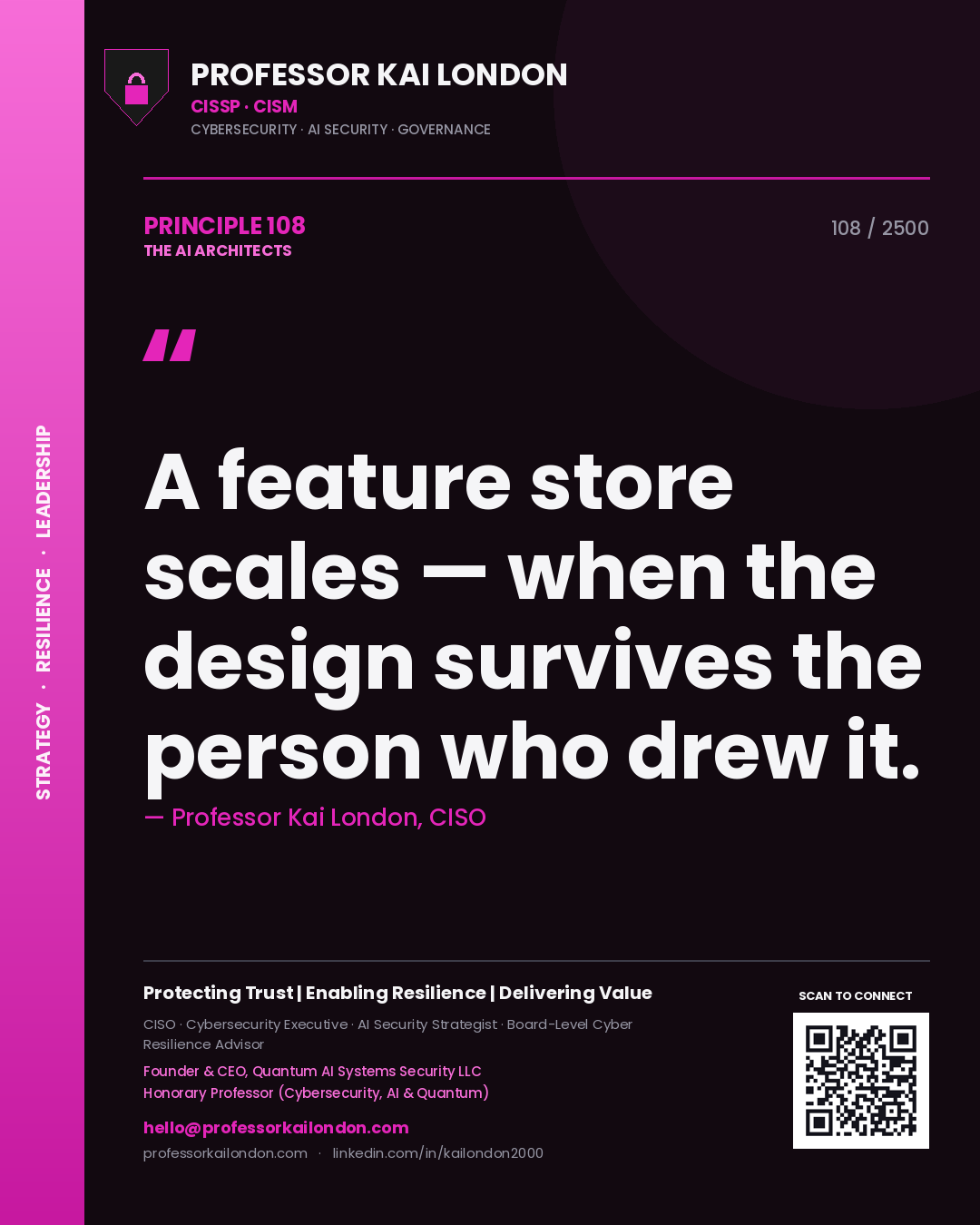 Professor Kai London principle 108: A feature store scales — when the design survives the person who drew it.