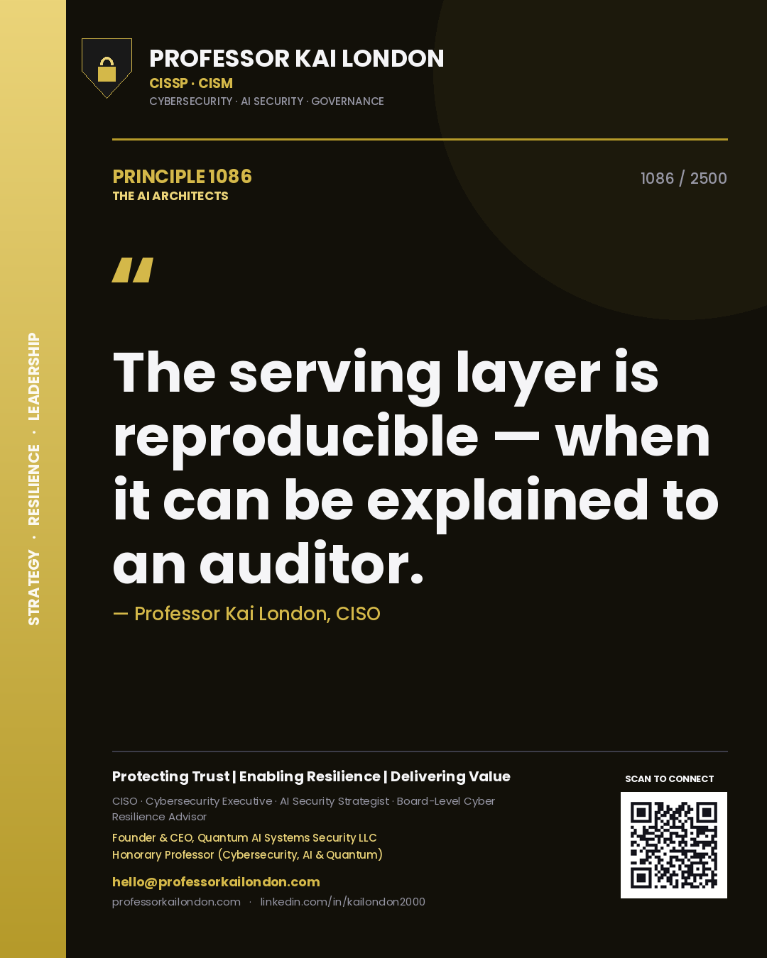 Professor Kai London principle 1086: The serving layer is reproducible — when it can be explained to an auditor.