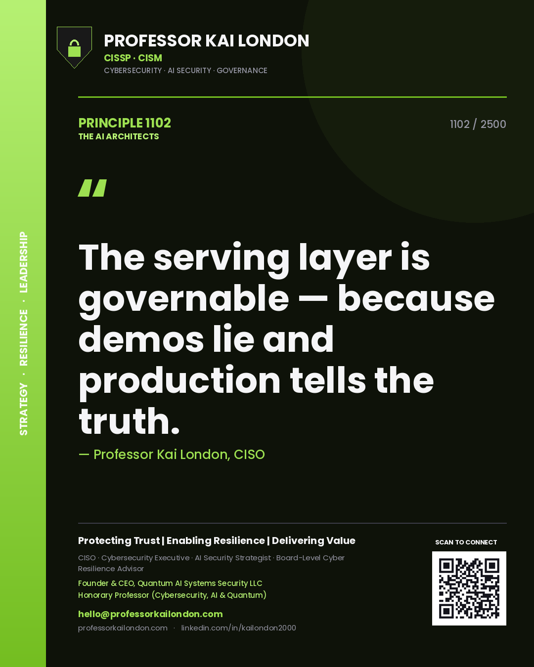 Professor Kai London principle 1102: The serving layer is governable — because demos lie and production tells the truth.